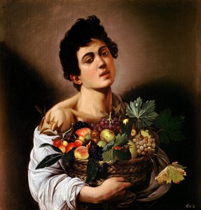 Menino, com, um, cesta fruta